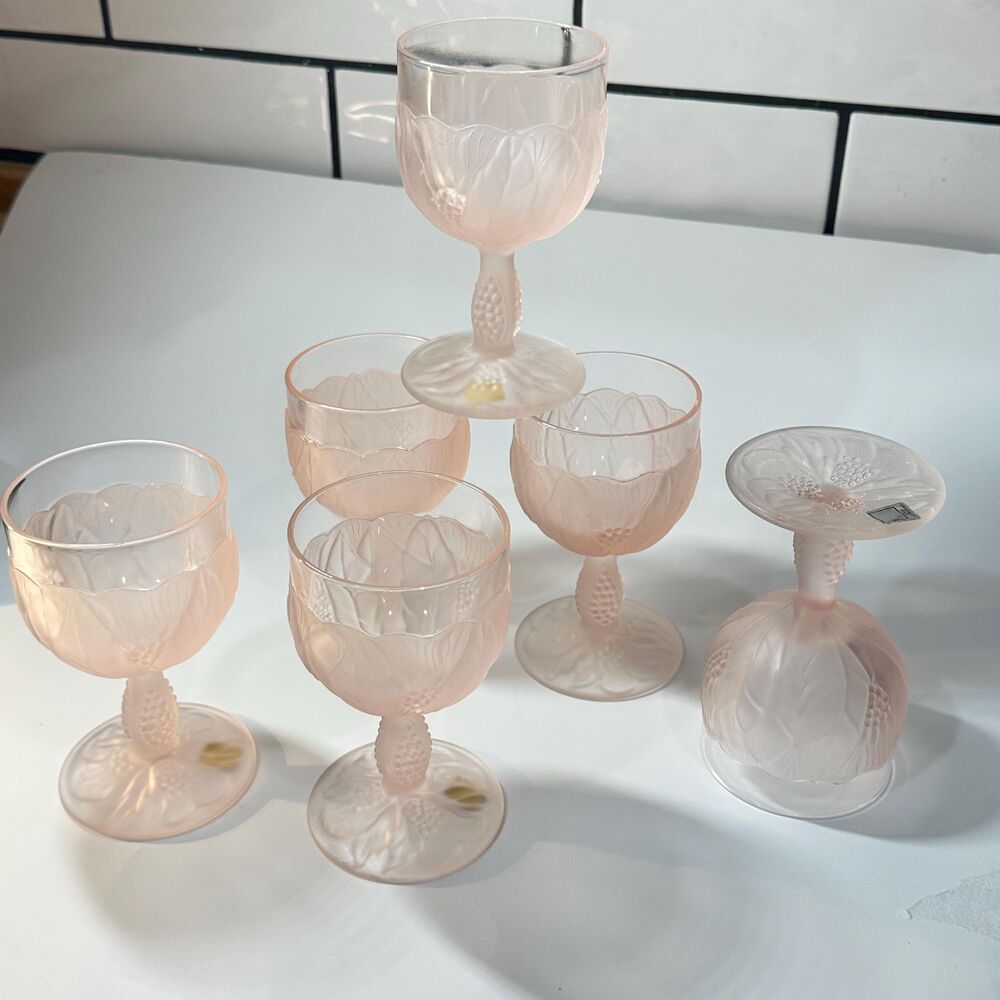 Six Vintage Taitu Italy Pink Frosted Wine Goblets Italian Cristallin Stems -READ